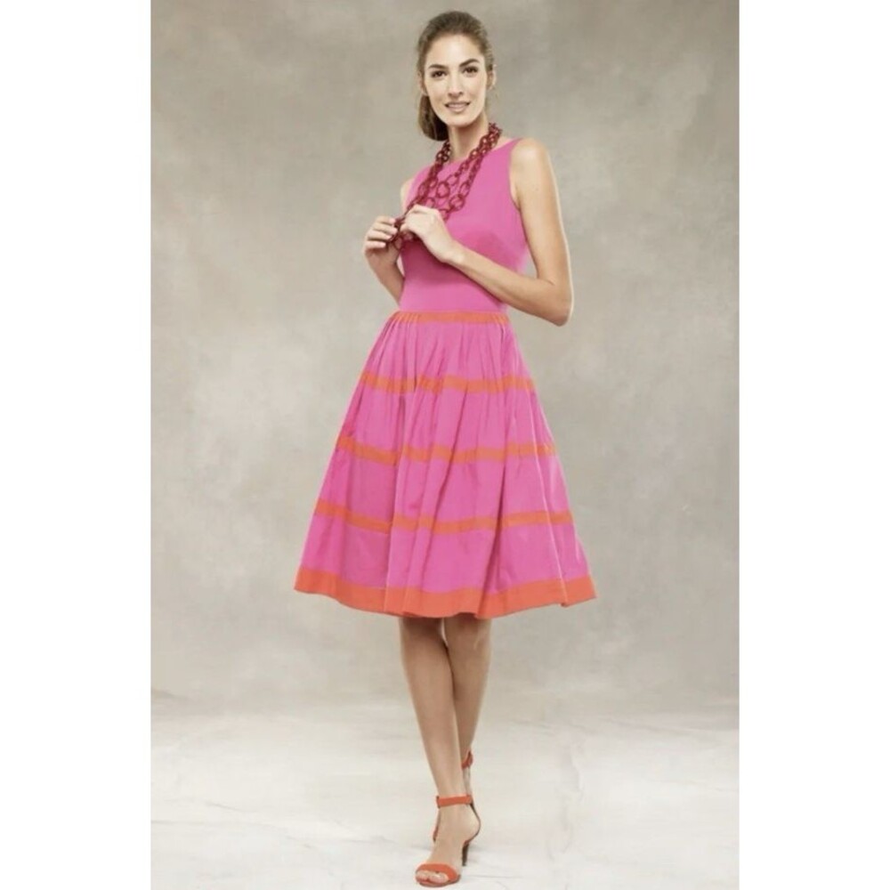 Talbots Fit & Flare Midi Dress 4 Pink Orange Striped Preppy Wedding Vogue Oprah - Picture 13 of 15